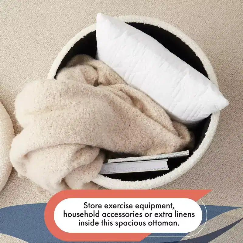 Pouff de rangement rond touffeté en bouclette Donovan Ornavo Home - Blanc