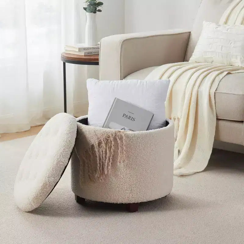 Pouff de rangement rond touffeté en bouclette Donovan Ornavo Home - Blanc