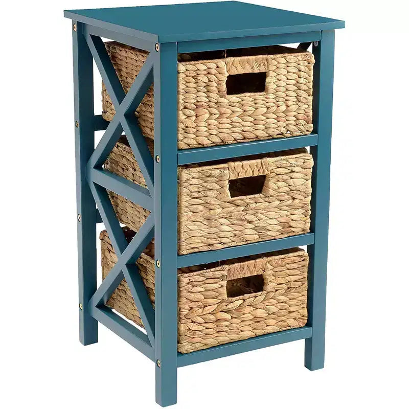 eHemco Table d'appoint/de chevet à 3 niveaux en X avec 3 paniers en jacinthe d'eau naturelle