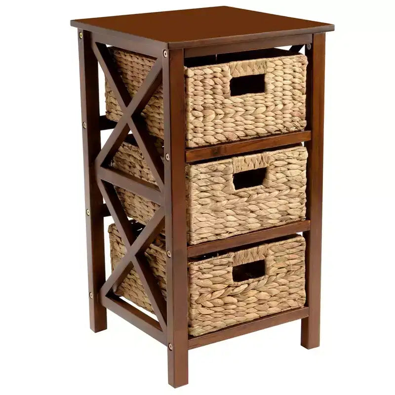 eHemco Table d'appoint/de chevet à 3 niveaux en X avec 3 paniers en jacinthe d'eau naturelle