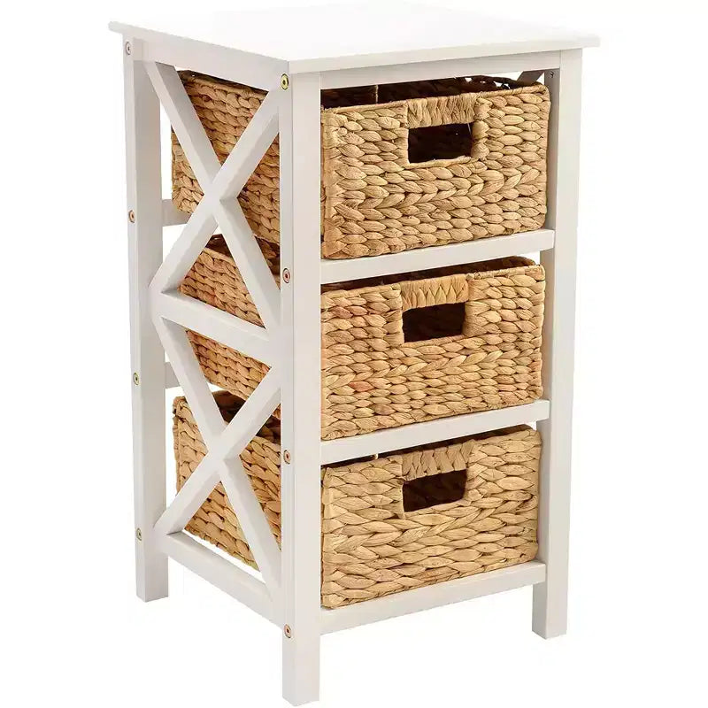 eHemco Table d'appoint/de chevet à 3 niveaux en X avec 3 paniers en jacinthe d'eau naturelle
