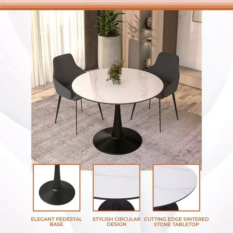 Table à manger ronde LeisureMod Bristol 40 – Plateau en pierre frittée, table d'appoint de café et piédestal en acier robuste noir pour la cuisine et les petits espaces