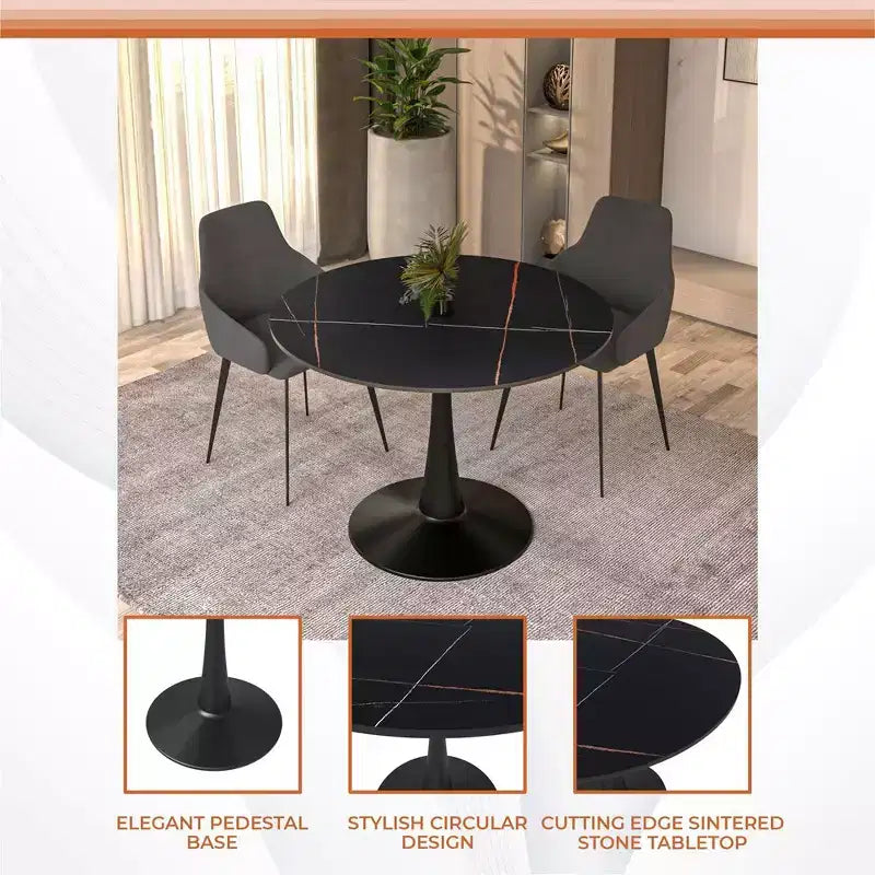 Table à manger ronde LeisureMod Bristol 40 – Plateau en pierre frittée, table d'appoint de café et piédestal en acier robuste noir pour la cuisine et les petits espaces
