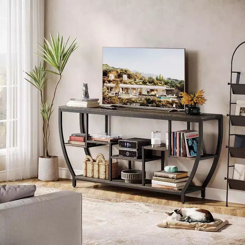 Table console longue Lantine de 179,9 cm avec étagères, table d'appoint rustique avec rangement, meuble TV de style industriel