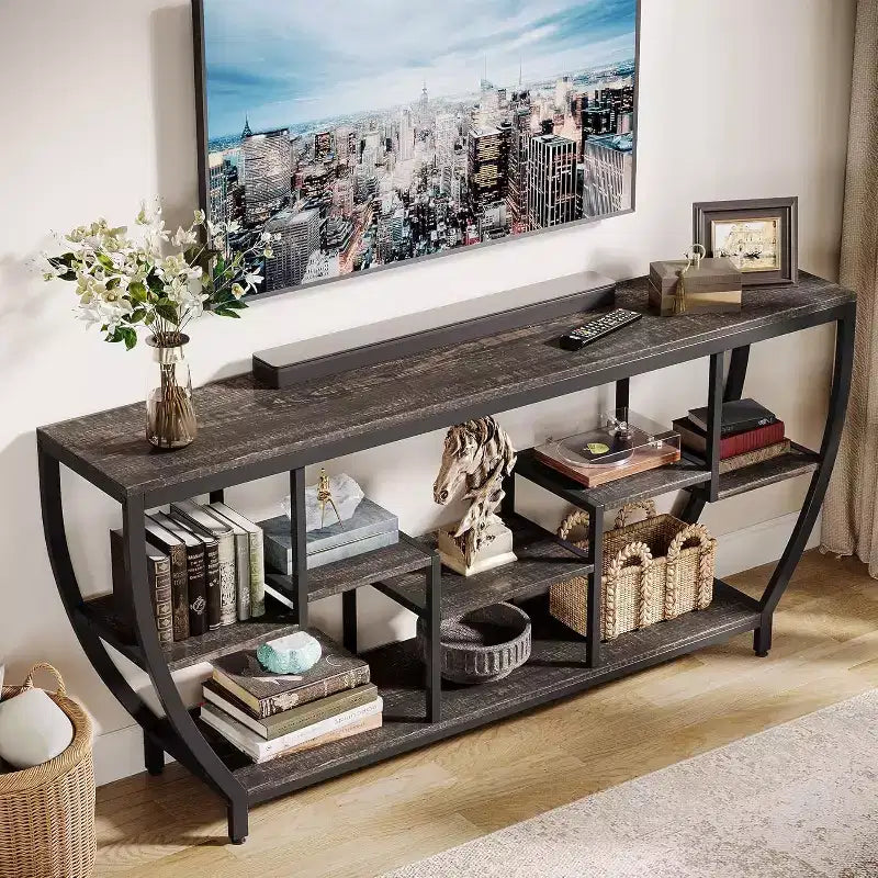 Table console longue Lantine de 179,9 cm avec étagères, table d'appoint rustique avec rangement, meuble TV de style industriel