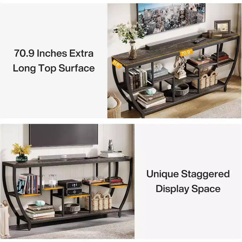 Table console longue Lantine de 179,9 cm avec étagères, table d'appoint rustique avec rangement, meuble TV de style industriel