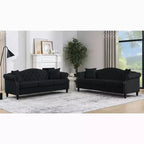 79 Black Velvet Chesterfield Sofa with Tufted Design - 3-Seater Couch featuring Rolled Arms and Nailhead Trim for Living Room (3S+3S)
