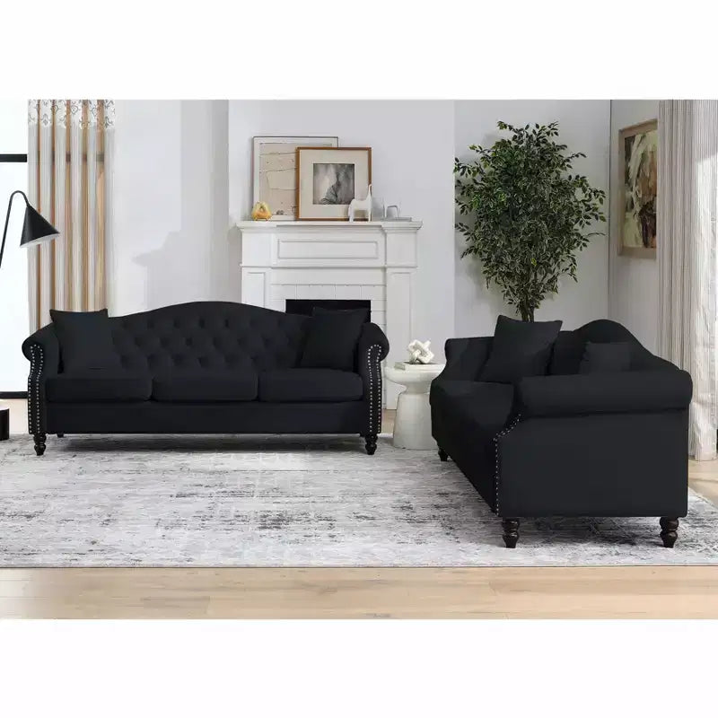 Canapé Chesterfield 3 places en velours noir 79 avec capitonnage - Canapé 3 places avec accoudoirs roulés et garniture cloutée pour salon (3S+3S)