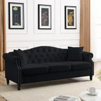 Canapé Chesterfield 3 places en velours noir 79 avec capitonnage - Canapé 3 places avec accoudoirs roulés et garniture cloutée pour salon (3S+3S)