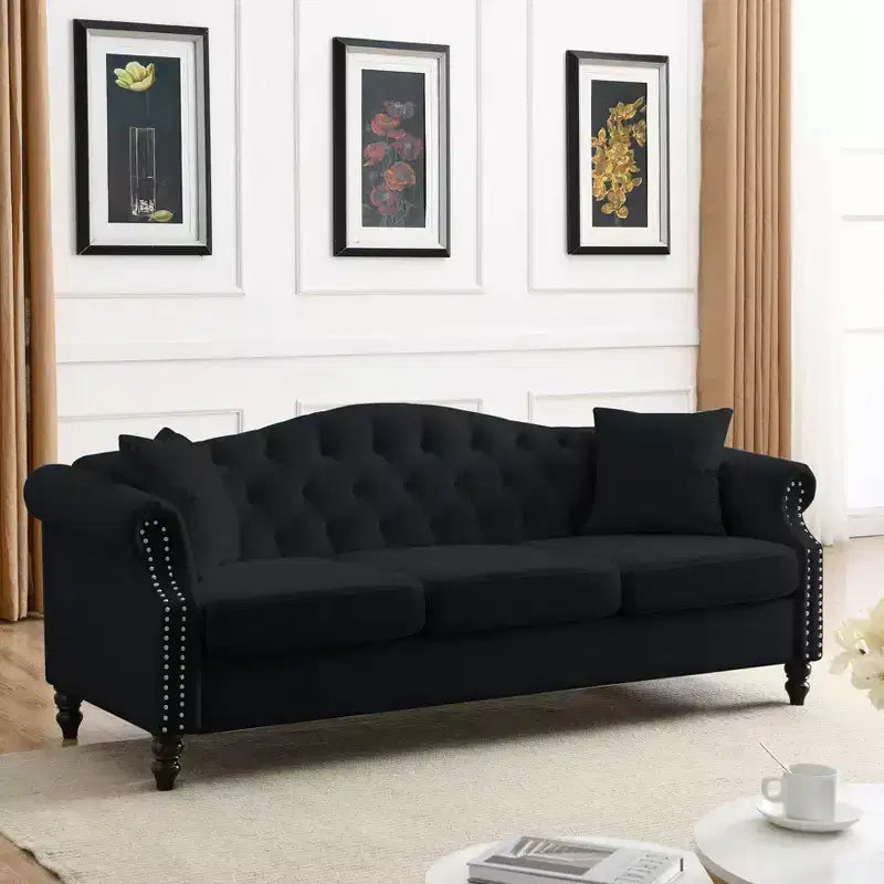 Canapé Chesterfield 3 places en velours noir 79 avec capitonnage - Canapé 3 places avec accoudoirs roulés et garniture cloutée pour salon (3S+3S)