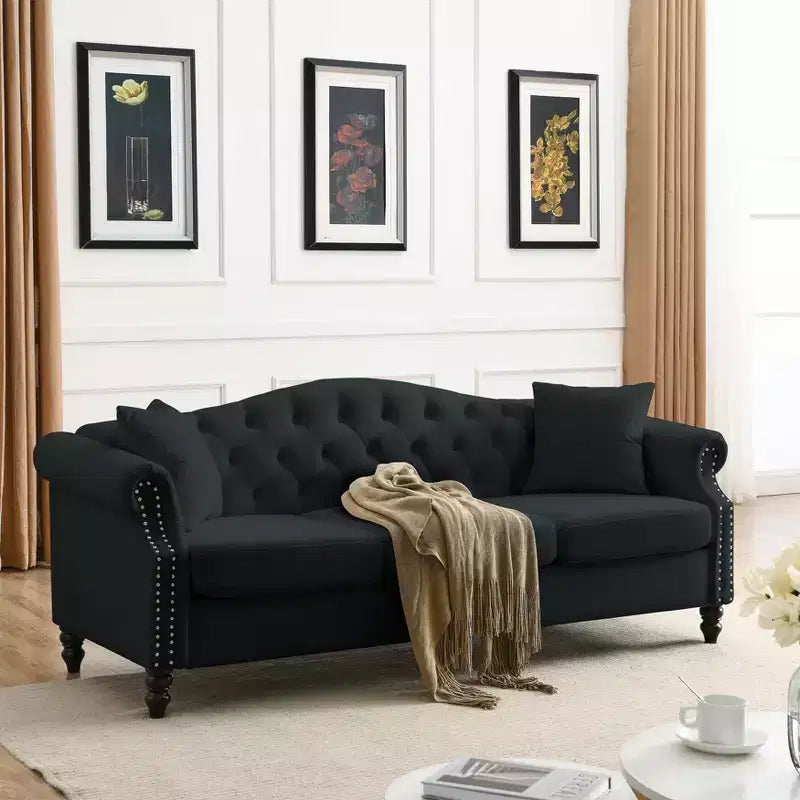 Canapé Chesterfield 3 places en velours noir 79 avec capitonnage - Canapé 3 places avec accoudoirs roulés et garniture cloutée pour salon (3S+3S)