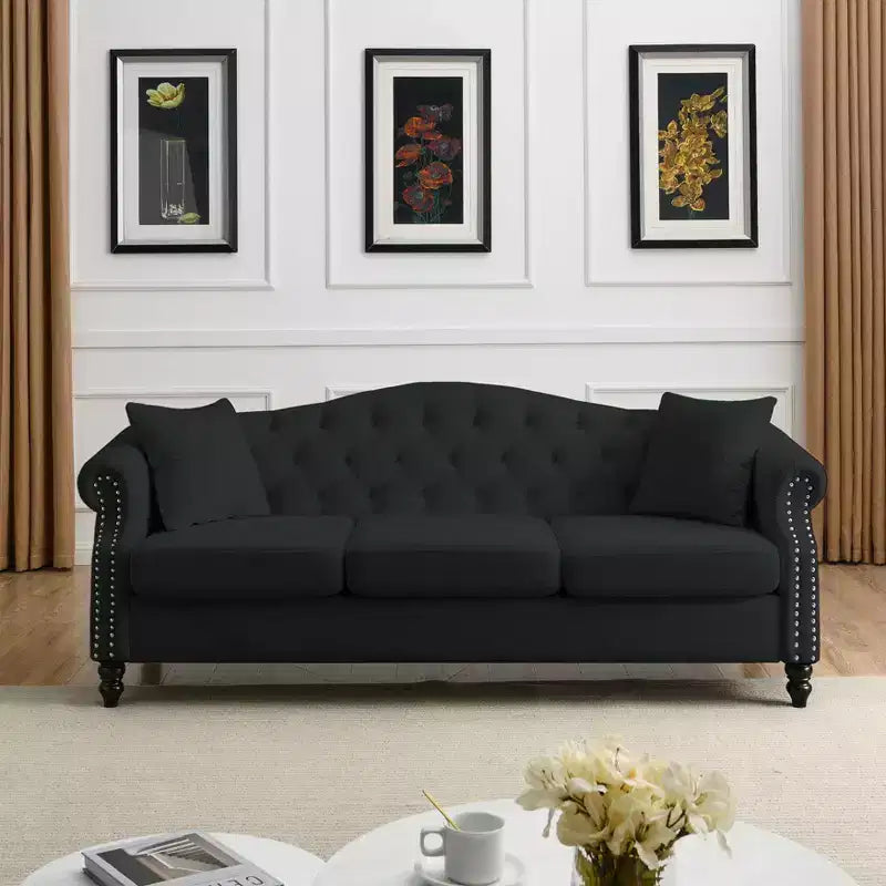 Canapé Chesterfield 3 places en velours noir 79 avec capitonnage - Canapé 3 places avec accoudoirs roulés et garniture cloutée pour salon (3S+3S)