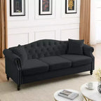 Canapé Chesterfield 3 places en velours noir 79 avec capitonnage - Canapé 3 places avec accoudoirs roulés et garniture cloutée pour salon (3S+3S)