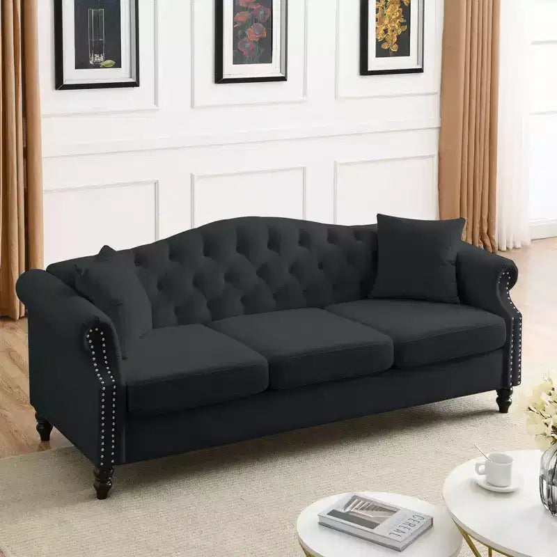 Canapé Chesterfield 3 places en velours noir 79 avec capitonnage - Canapé 3 places avec accoudoirs roulés et garniture cloutée pour salon (3S+3S)