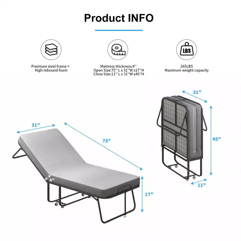 Mjkone Lit Pliant avec Matelas, Lit d'Appoint Portable, Lit de Camp, Lit d'Appoint Rembourré
