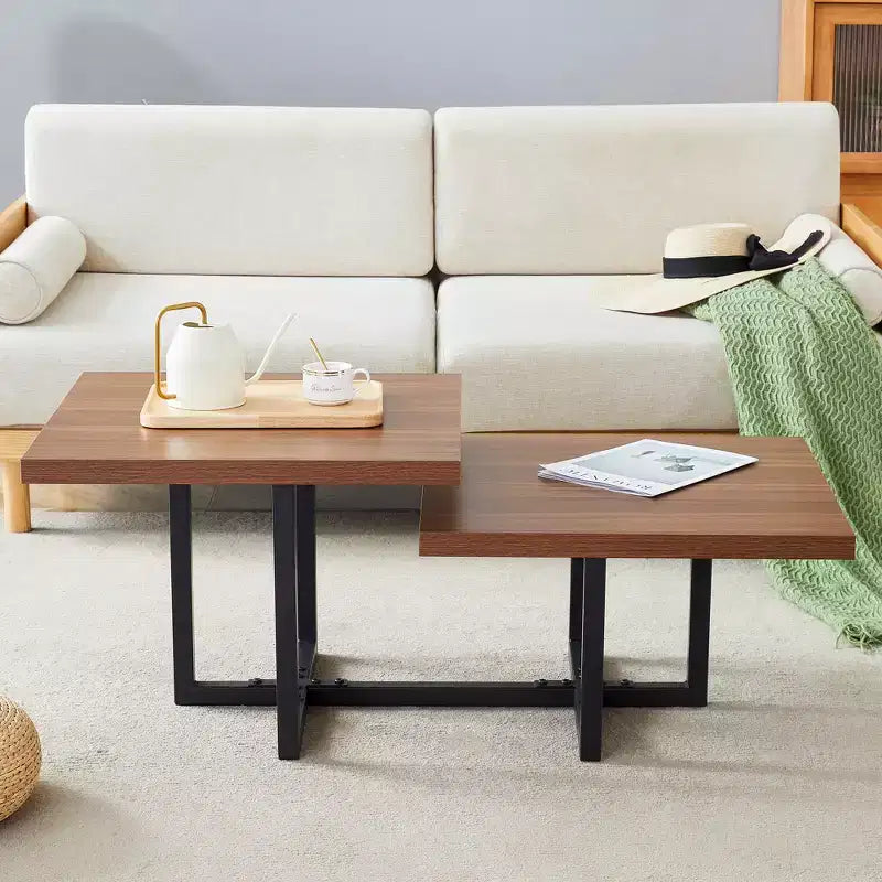 GDFStudio Aaron Dark Double-Deck Wood 47W Coffee Table with Metal Criss Cross Base