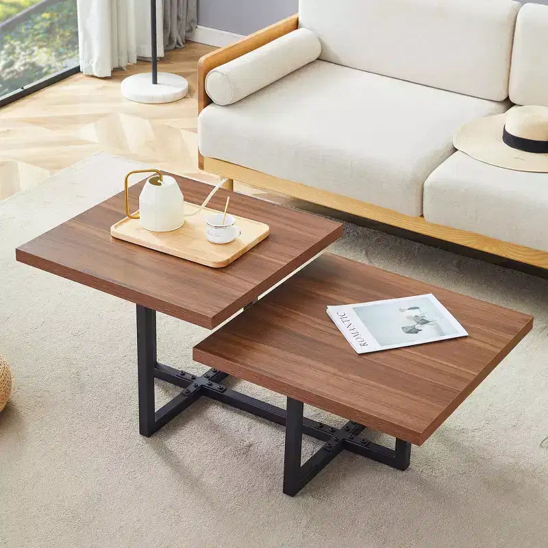 Table basse GDFStudio Aaron Double Plateau Bois Foncé 119cm avec Base en Métal Entrecroisée