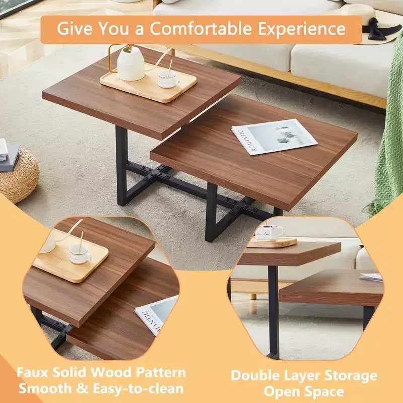 Table basse GDFStudio Aaron Double Plateau Bois Foncé 119cm avec Base en Métal Entrecroisée