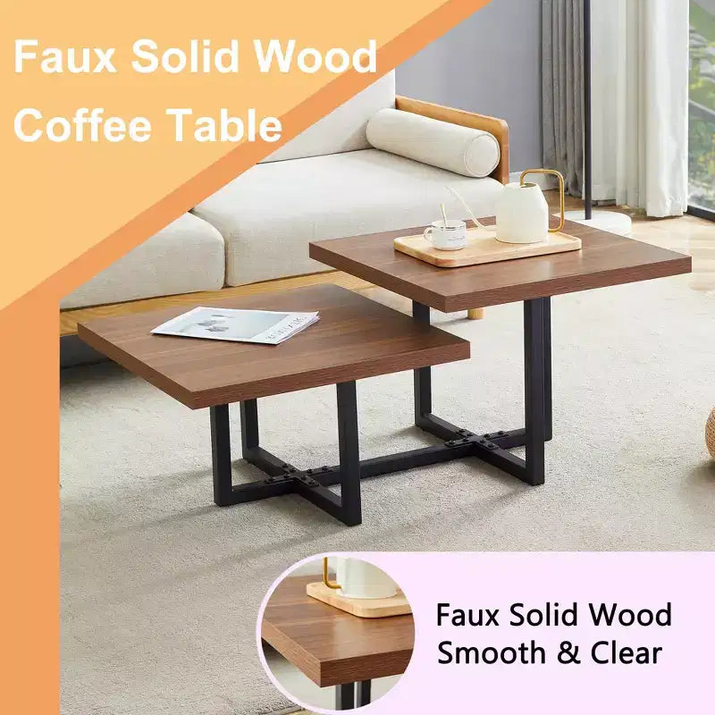 Table basse GDFStudio Aaron Double Plateau Bois Foncé 119cm avec Base en Métal Entrecroisée