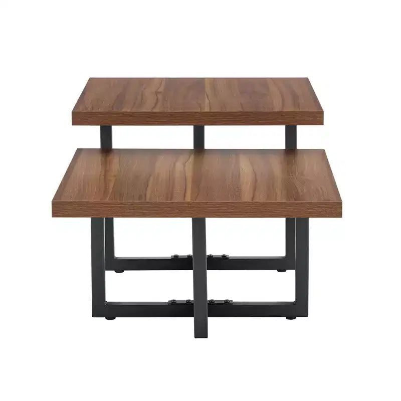 Table basse GDFStudio Aaron Double Plateau Bois Foncé 119cm avec Base en Métal Entrecroisée