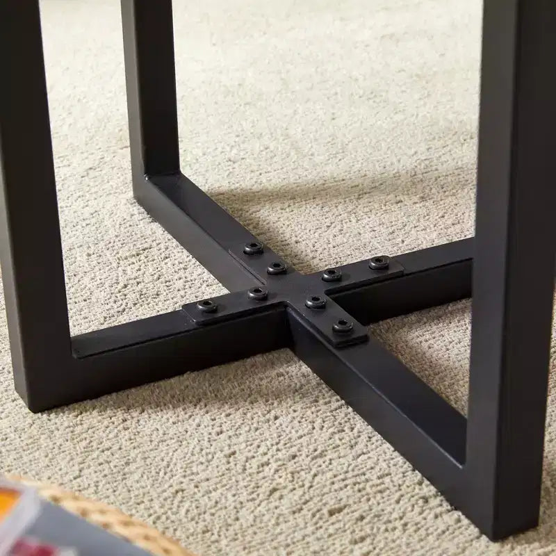 Table basse GDFStudio Aaron Double Plateau Bois Foncé 119cm avec Base en Métal Entrecroisée