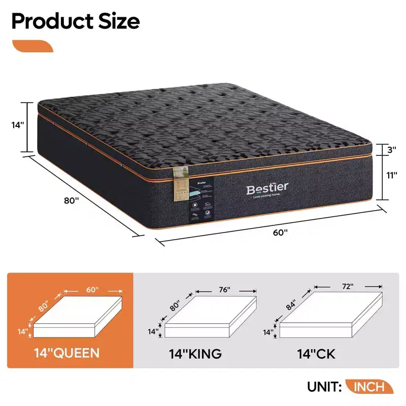 Bestier Matelas Queen Size 14 pouces, Matelas en mousse à mémoire de forme avec gel rafraîchissant Noir, Matelas en laine biologique, Soutien lombaire à ressorts pour un confort supérieur