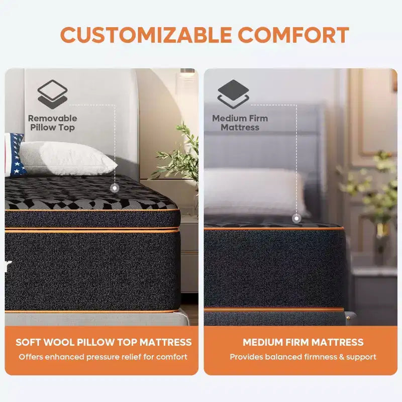 Bestier Matelas Queen Size 14 pouces, Matelas en mousse à mémoire de forme avec gel rafraîchissant Noir, Matelas en laine biologique, Soutien lombaire à ressorts pour un confort supérieur