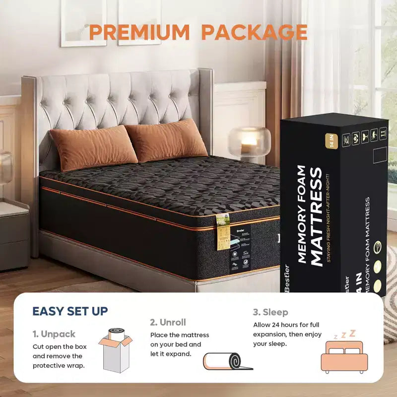 Bestier Matelas Queen Size 14 pouces, Matelas en mousse à mémoire de forme avec gel rafraîchissant Noir, Matelas en laine biologique, Soutien lombaire à ressorts pour un confort supérieur