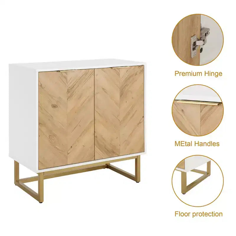 Meuble de rangement blanc et doré à 2 portes - Buffet moderne, Meuble d'appoint élégant pour salon