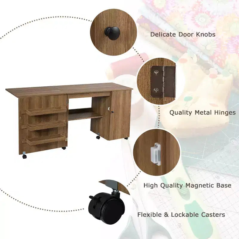 Table à coudre pliante Costway, étagères, meuble de rangement, chariot à roulettes, grand modèle
