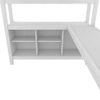 Lit mezzanine en métal double/grand format avec armoire et bureau en L, lit mezzanine robuste avec casiers de rangement et étagères, blanc/noir - ModernLuxe