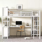 Lit mezzanine en métal double/grand format avec armoire et bureau en L, lit mezzanine robuste avec casiers de rangement et étagères, blanc/noir - ModernLuxe