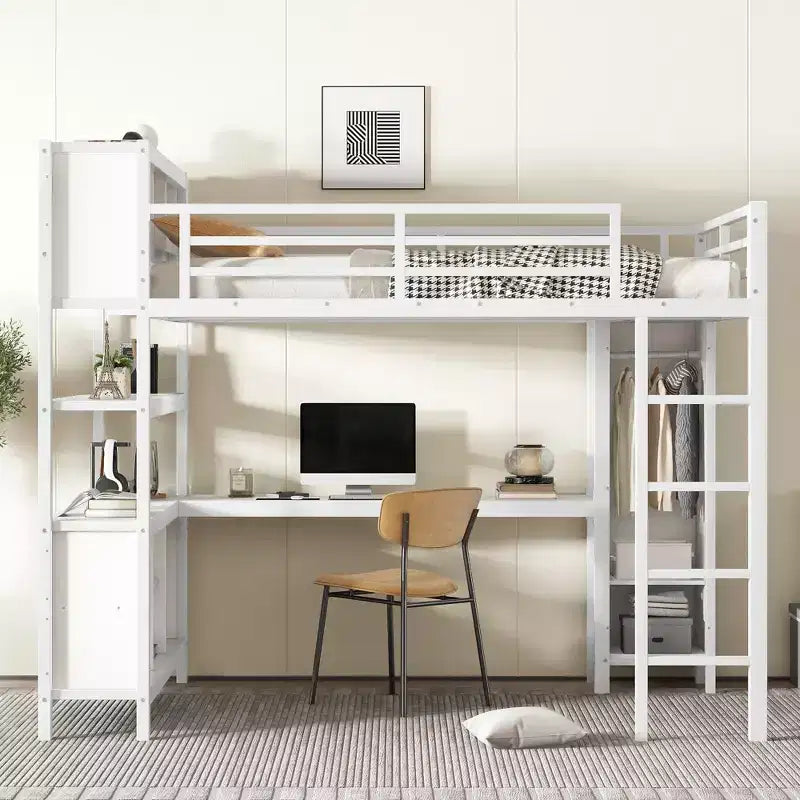Lit mezzanine en métal double/grand format avec armoire et bureau en L, lit mezzanine robuste avec casiers de rangement et étagères, blanc/noir - ModernLuxe