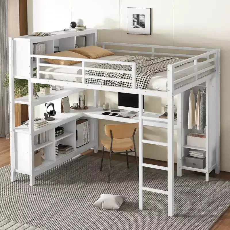 Lit mezzanine en métal double/grand format avec armoire et bureau en L, lit mezzanine robuste avec casiers de rangement et étagères, blanc/noir - ModernLuxe