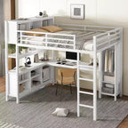 Lit mezzanine en métal double/grand format avec armoire et bureau en L, lit mezzanine robuste avec casiers de rangement et étagères, blanc/noir - ModernLuxe