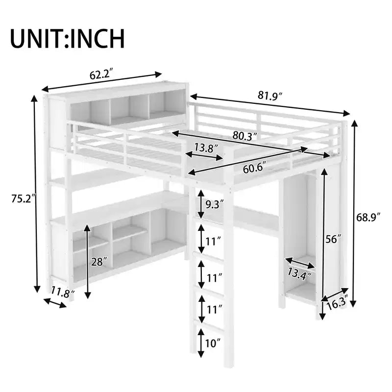 Lit mezzanine en métal double/grand format avec armoire et bureau en L, lit mezzanine robuste avec casiers de rangement et étagères, blanc/noir - ModernLuxe