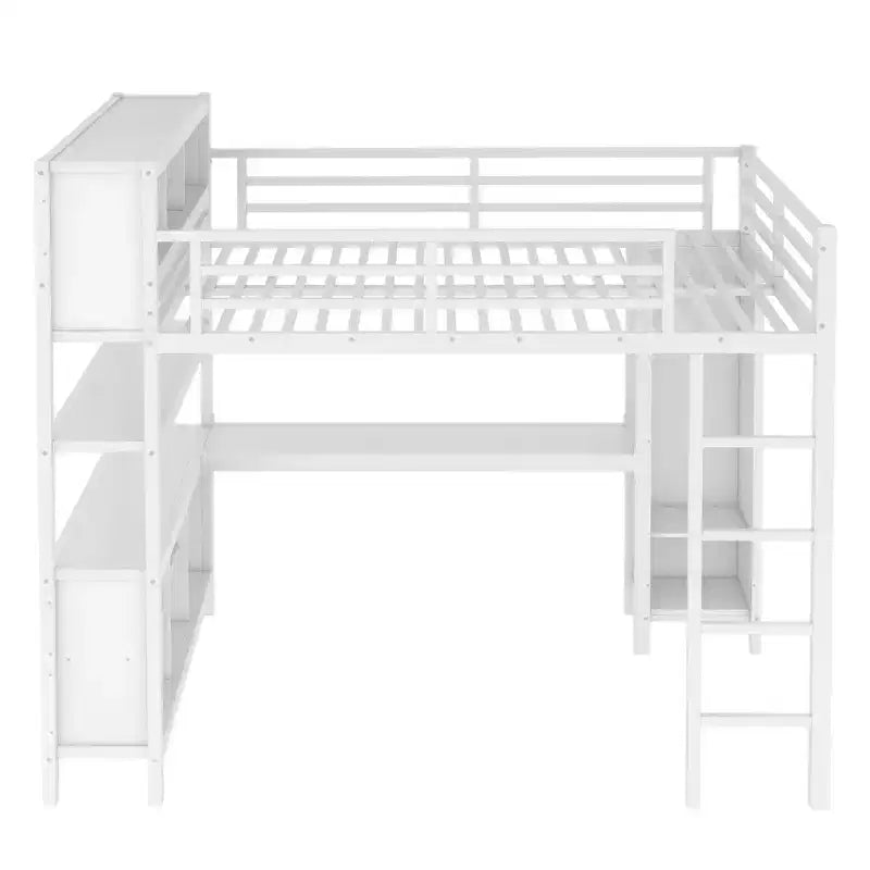Lit mezzanine en métal double/grand format avec armoire et bureau en L, lit mezzanine robuste avec casiers de rangement et étagères, blanc/noir - ModernLuxe