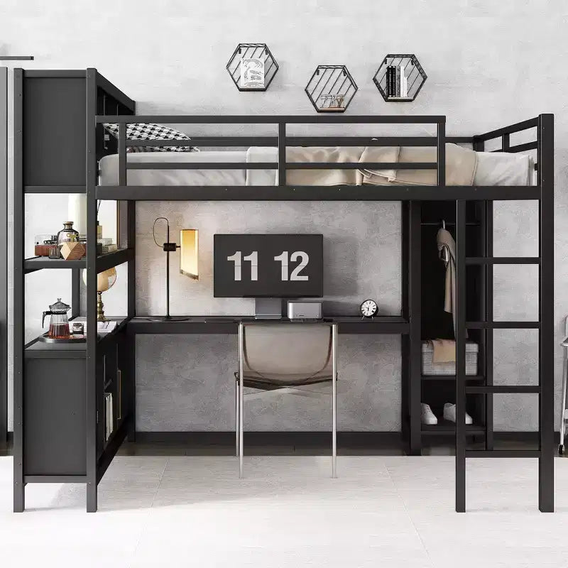 Lit mezzanine en métal double/grand format avec armoire et bureau en L, lit mezzanine robuste avec casiers de rangement et étagères, blanc/noir - ModernLuxe