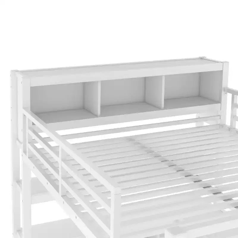 Lit mezzanine en métal double/grand format avec armoire et bureau en L, lit mezzanine robuste avec casiers de rangement et étagères, blanc/noir - ModernLuxe