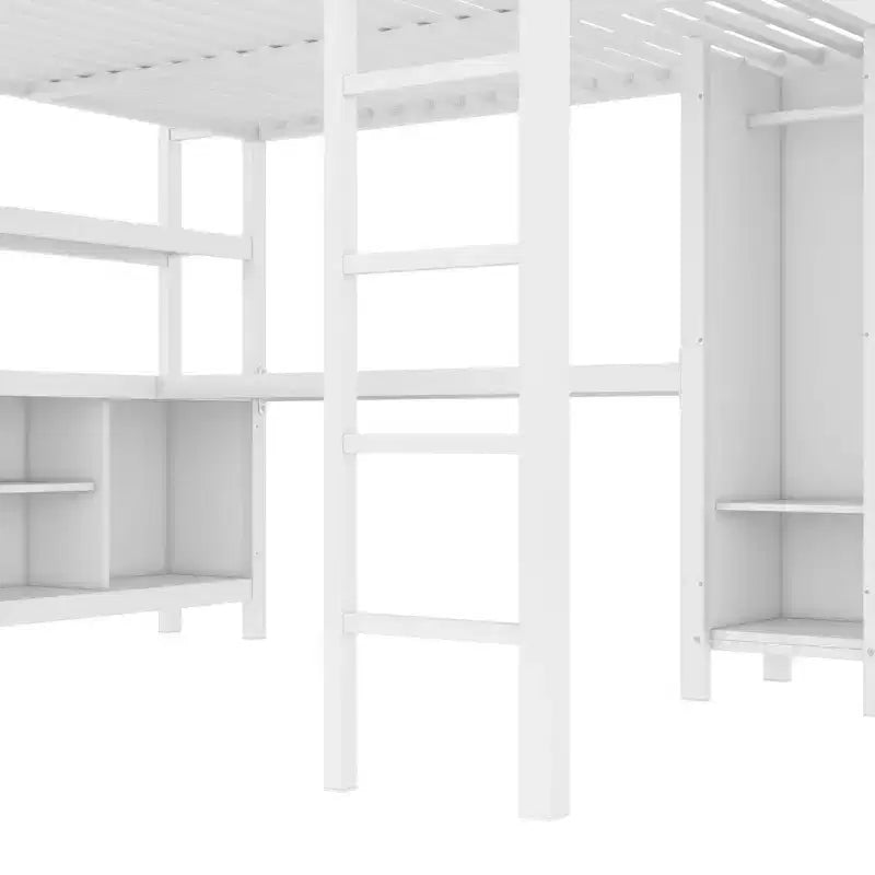 Lit mezzanine en métal double/grand format avec armoire et bureau en L, lit mezzanine robuste avec casiers de rangement et étagères, blanc/noir - ModernLuxe