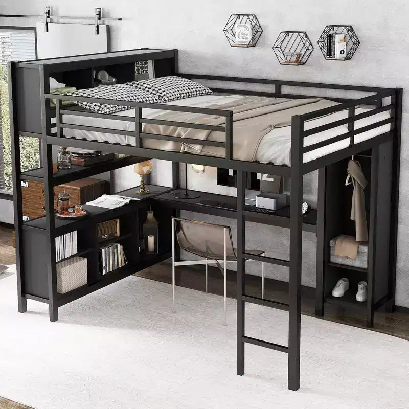 Lit mezzanine en métal double/grand format avec armoire et bureau en L, lit mezzanine robuste avec casiers de rangement et étagères, blanc/noir - ModernLuxe