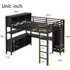 Lit mezzanine en métal double/grand format avec armoire et bureau en L, lit mezzanine robuste avec casiers de rangement et étagères, blanc/noir - ModernLuxe