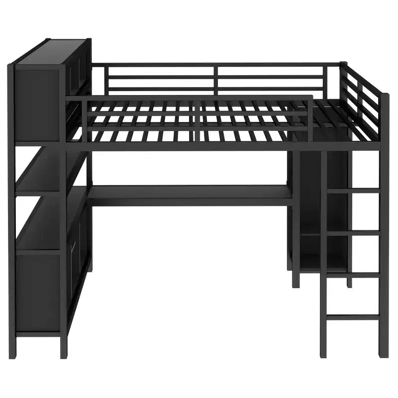 Lit mezzanine en métal double/grand format avec armoire et bureau en L, lit mezzanine robuste avec casiers de rangement et étagères, blanc/noir - ModernLuxe