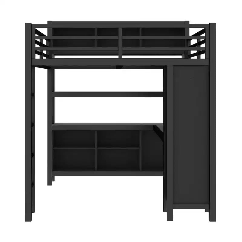 Lit mezzanine en métal double/grand format avec armoire et bureau en L, lit mezzanine robuste avec casiers de rangement et étagères, blanc/noir - ModernLuxe