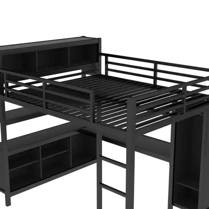 Lit mezzanine en métal double/grand format avec armoire et bureau en L, lit mezzanine robuste avec casiers de rangement et étagères, blanc/noir - ModernLuxe