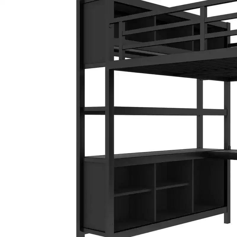 Lit mezzanine en métal double/grand format avec armoire et bureau en L, lit mezzanine robuste avec casiers de rangement et étagères, blanc/noir - ModernLuxe