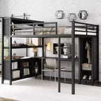 Full/Queen Size Metal Loft Bed with Wardrobe and L-Shaped Desk, Heavy-Duty Loft Bed with Storage Cubes and Shelves, White/Black - ModernLuxe
