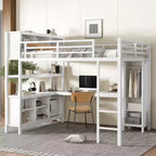 Lit mezzanine en métal double/grand format avec armoire et bureau en L, lit mezzanine robuste avec casiers de rangement et étagères, blanc/noir - ModernLuxe