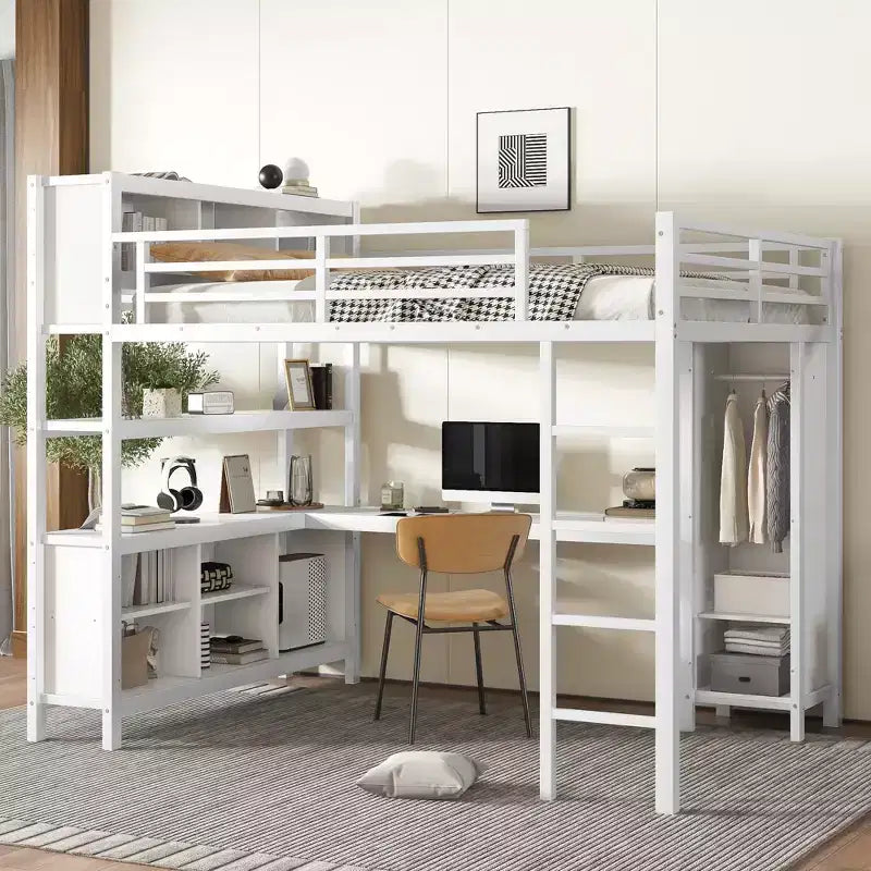Lit mezzanine en métal double/grand format avec armoire et bureau en L, lit mezzanine robuste avec casiers de rangement et étagères, blanc/noir - ModernLuxe