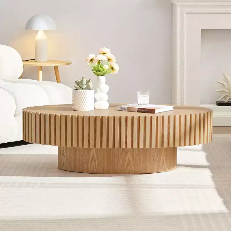 Table basse ovale/carrée Table d'appoint minimaliste à cannelures, Frêne naturel/Noyer/Noir mat-ModernLuxe